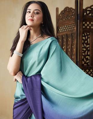Green plain satin designer saree with blouse piece 5