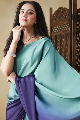 Green plain satin designer saree with blouse piece