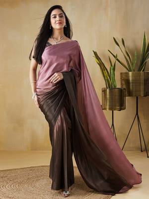 Pink plain satin designer saree with blouse piece 1