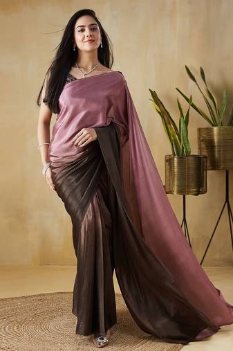 Pink plain satin designer saree with blouse piece