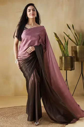 Pink plain satin designer saree with blouse piece
