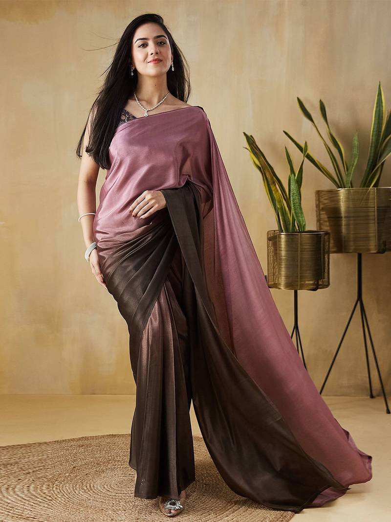 Pink plain satin designer saree with blouse piece