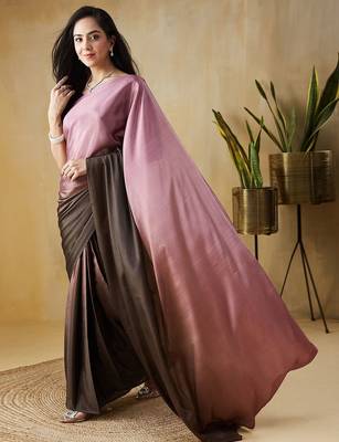 Pink plain satin designer saree with blouse piece 2
