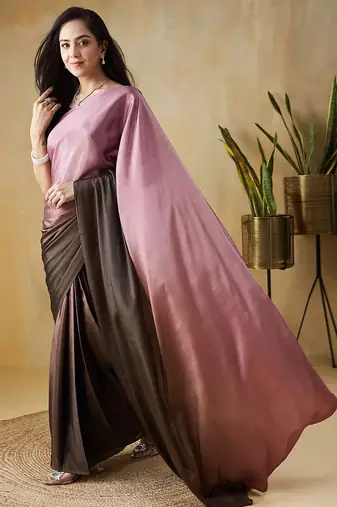 Pink plain satin designer saree with blouse piece