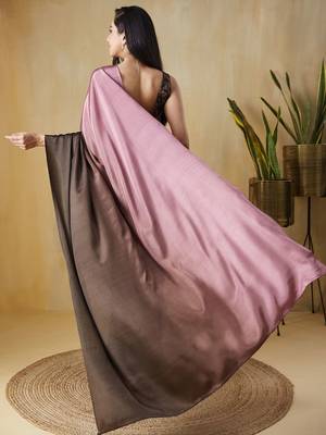 Pink plain satin designer saree with blouse piece 3