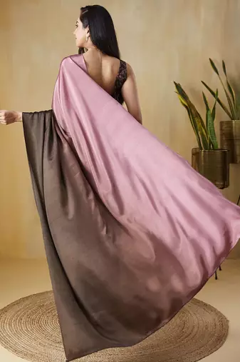 Pink plain satin designer saree with blouse piece