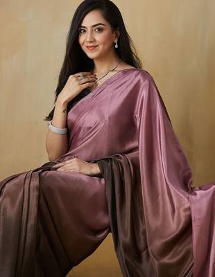 Pink plain satin designer saree with blouse piece 4