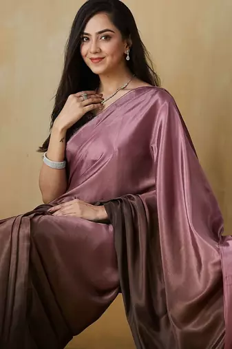 Pink plain satin designer saree with blouse piece