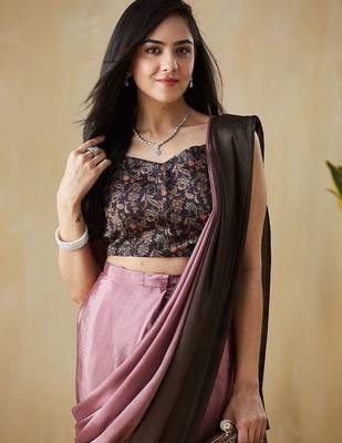 Pink plain satin designer saree with blouse piece 5