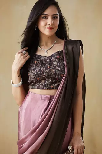 Pink plain satin designer saree with blouse piece