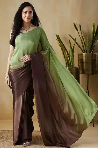 Green plain satin designer saree with blouse piece