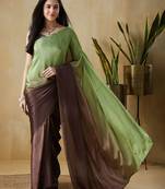 Green plain satin designer saree with blouse piece
