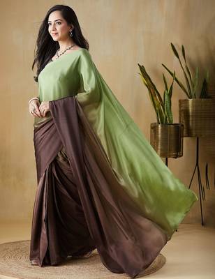 Green plain satin designer saree with blouse piece 2