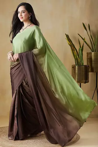 Green plain satin designer saree with blouse piece