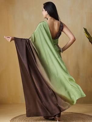 Green plain satin designer saree with blouse piece 3