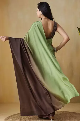 Green plain satin designer saree with blouse piece