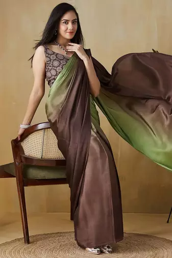 Green plain satin designer saree with blouse piece