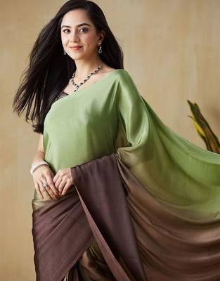 Green plain satin designer saree with blouse piece 5