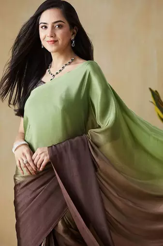 Green plain satin designer saree with blouse piece