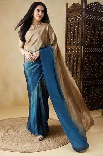 Blue plain satin designer saree with blouse piece