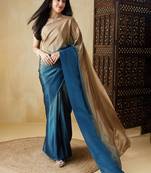 Blue plain satin designer saree with blouse piece