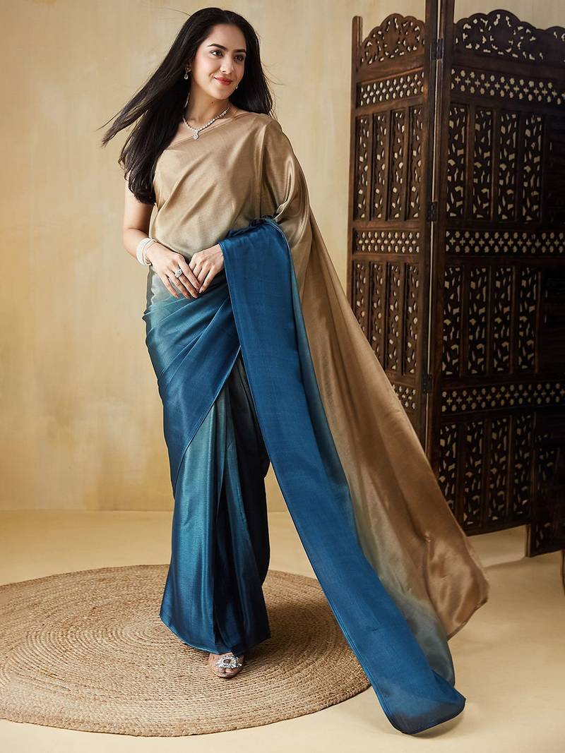 Blue plain satin designer saree with blouse piece