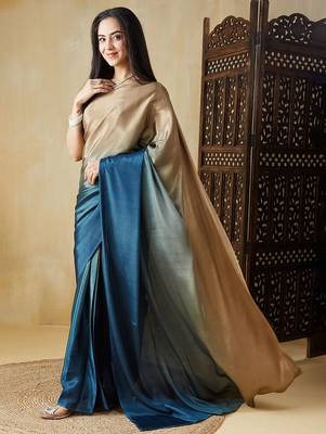 Blue plain satin designer saree with blouse piece 2