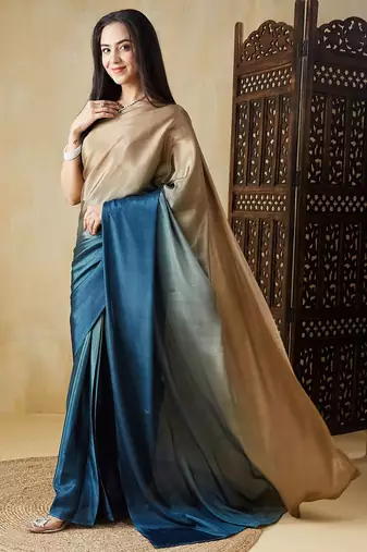 Blue plain satin designer saree with blouse piece