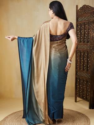 Blue plain satin designer saree with blouse piece 3