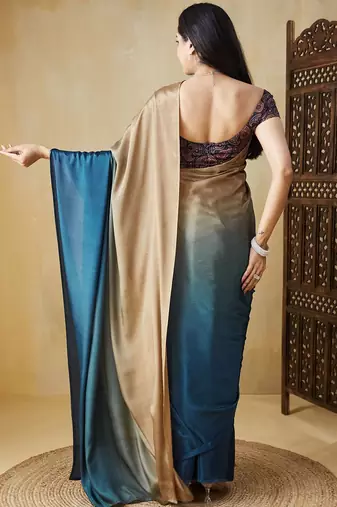 Blue plain satin designer saree with blouse piece