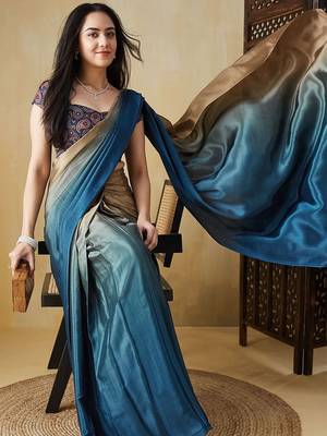 Blue plain satin designer saree with blouse piece 4