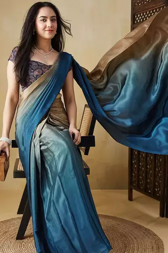 Blue plain satin designer saree with blouse piece