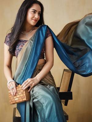 Blue plain satin designer saree with blouse piece 5