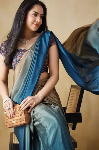 Blue plain satin designer saree with blouse piece