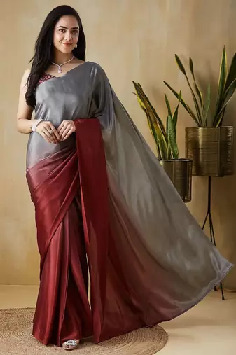 Grey plain satin designer saree with blouse piece