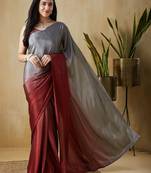 Grey plain satin designer saree with blouse piece
