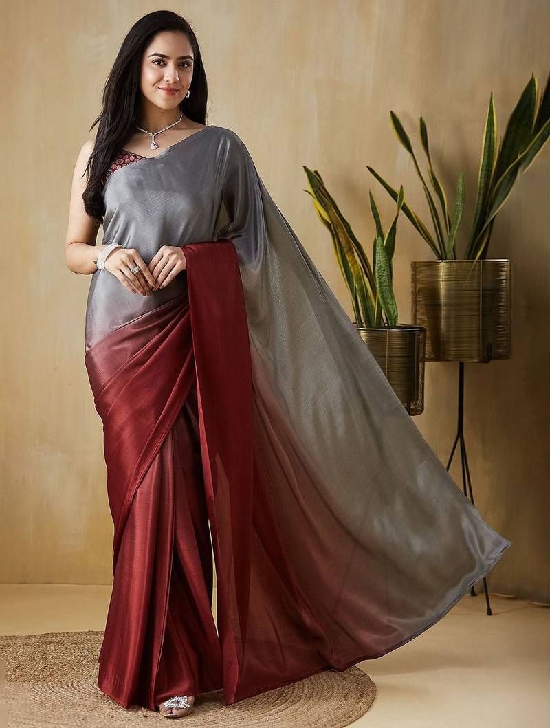 Grey plain satin designer saree with blouse piece