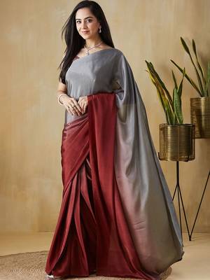 Grey plain satin designer saree with blouse piece 2