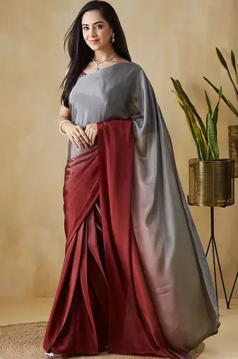 Grey plain satin designer saree with blouse piece