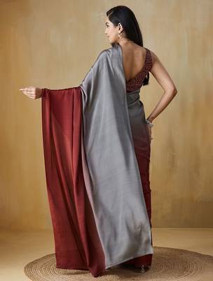 Grey plain satin designer saree with blouse piece 3