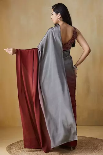Grey plain satin designer saree with blouse piece
