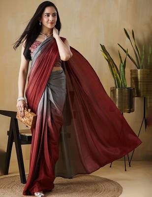Grey plain satin designer saree with blouse piece 4