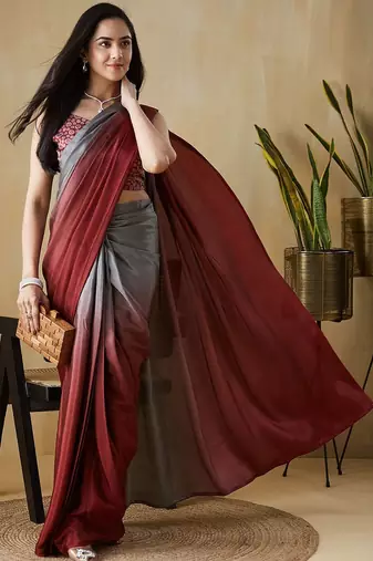 Grey plain satin designer saree with blouse piece