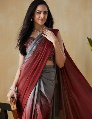 Grey plain satin designer saree with blouse piece 5
