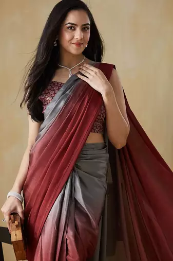 Grey plain satin designer saree with blouse piece