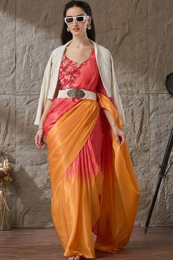 Multi plain satin designer saree with blouse piece