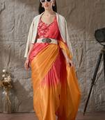 Multi plain satin designer saree with blouse piece