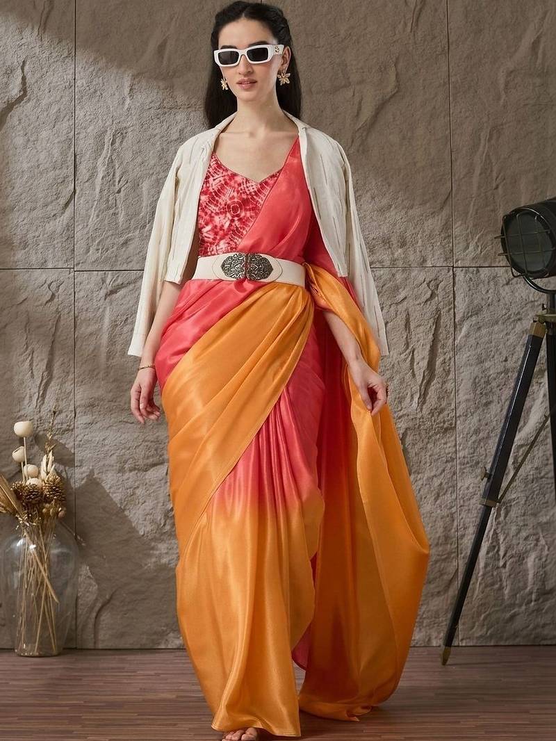Multi plain satin designer saree with blouse piece