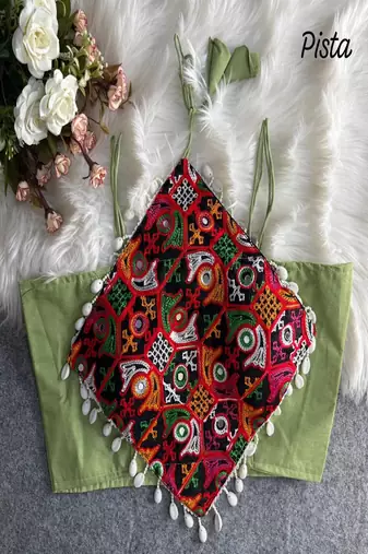 Women's pista green navratri blouse | kutchi embroidered noodles strap choli | hand mirror work cotton blouse
