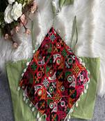 Women's pista green navratri blouse | kutchi embroidered noodles strap choli | hand mirror work cotton blouse